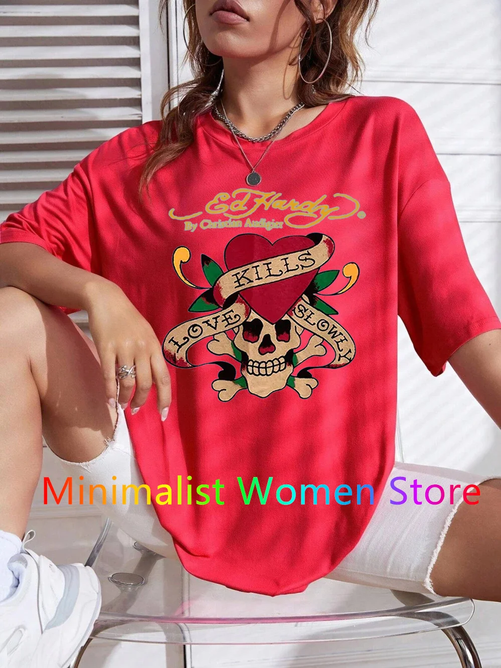 Goth Girls Y2K Clothes Fashion Cotton Tops Punk Skull Print Grunge Women\'s Short Sleeve T-Shirts Hip Hop Streetwear Sexy Red Top