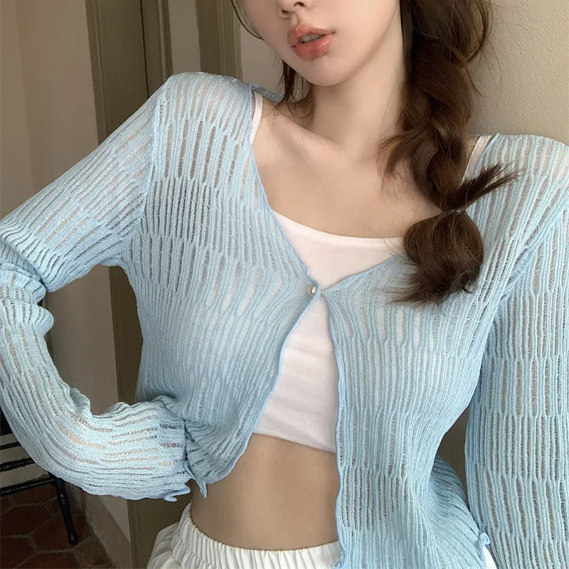 V-neck Ice Silk Knitted Cardigan Hollow Out Thin Crop Top Summer Sun Protection Shawl Women\'s Casual Shirt with Suspender Skirt