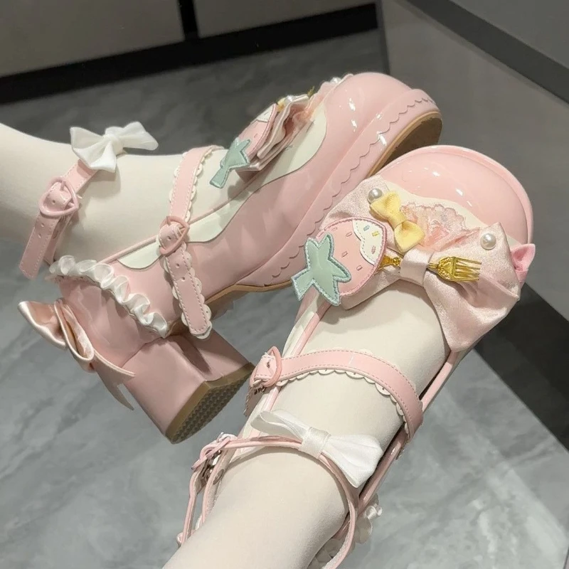 Kawaii Lolita Shoes Women Japanese Style Strawberry Bow Round Head Middle Heel Single Shoes Harajuku Y2k Mary Jane Party Shoes