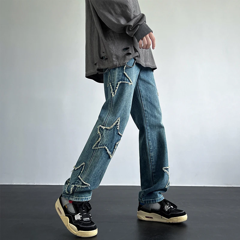 LAPPSTER Washed Stars Y2k Japanese Streetwear Jeans Pants 2023 Blue 90s Vintage Stacked Jeans Low Rise Korean Fashions Denim