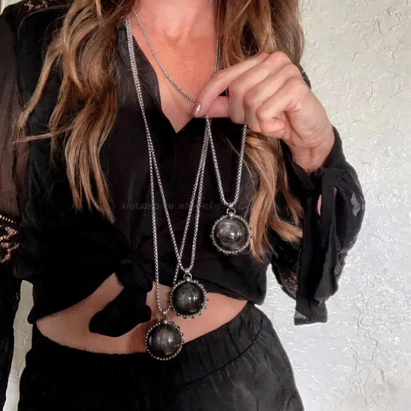 

Vintage Handmade Obsidian Semi-precious Stone Ball Necklace Soldered Y2K Antique Jewelry 28+3inch Special Gift