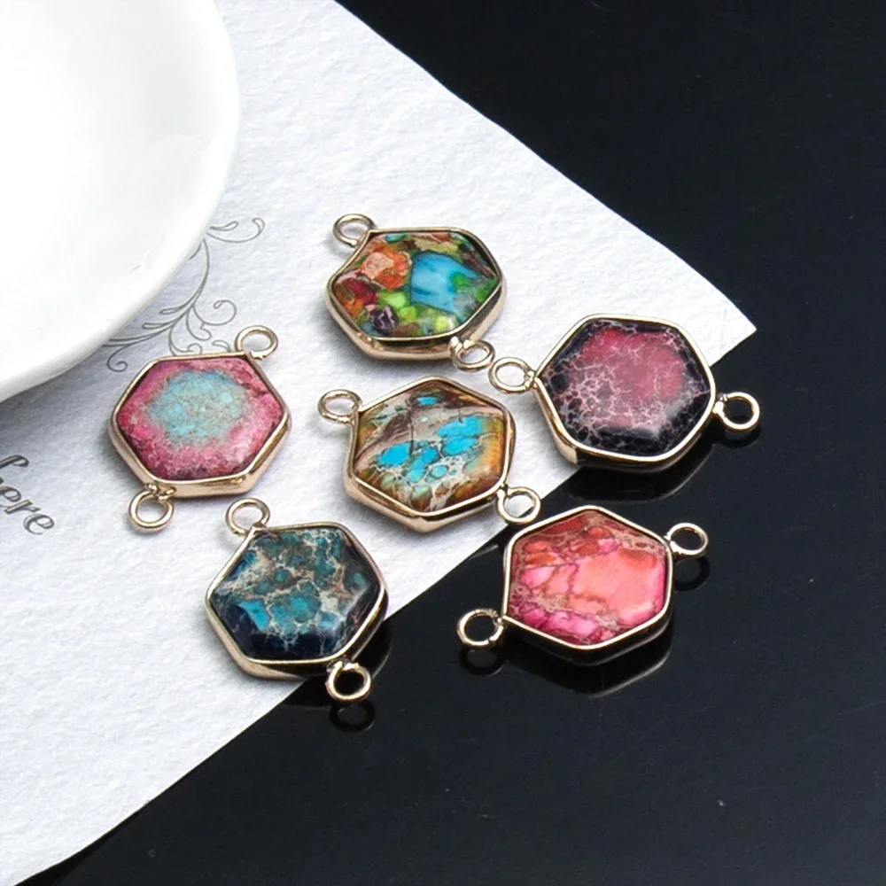 1PC 16x20mm Naural Gemstone Imperial Jasper Connector Handmade Hexagonal Gold Edging DIY for Making Necklace Bracelet Earrings