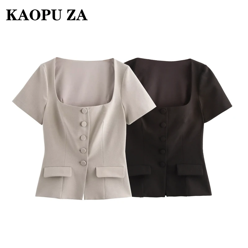 KAOPU ZA 2024 Autumn New Woman Streetwear Square Collar Jacket Fashion Lady Short Sleeve Short Coat Ruffles Regular Fit Pockets