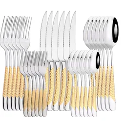 AJOYOUS 30Pcs Dinnerware Set Steak Knives Fork Tea Spoon Cutlery Set Stainless Steel Western Flatware Kitchen Tableware