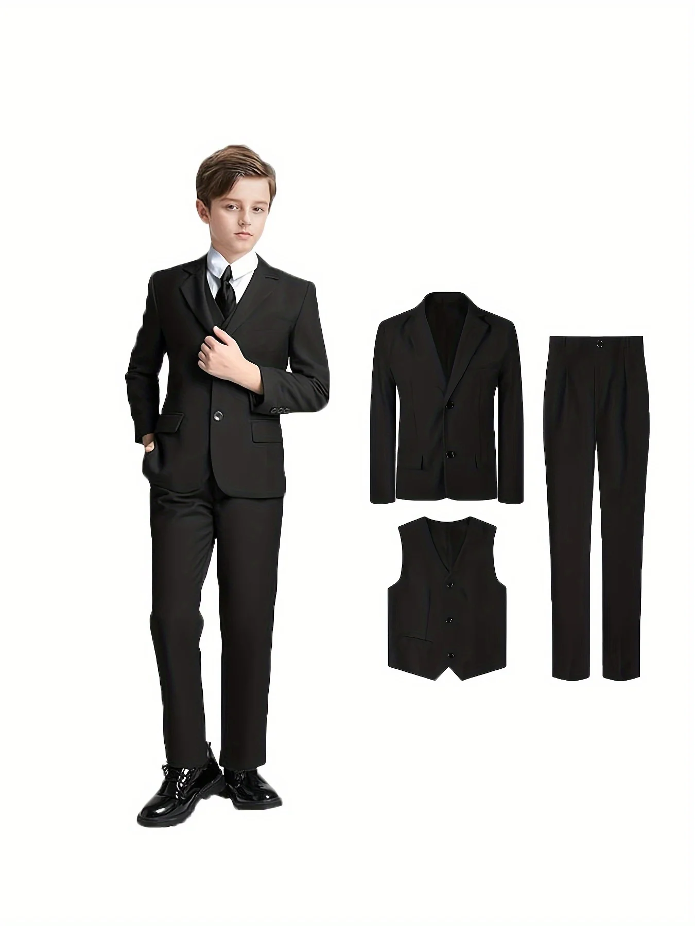 Children Spring Cos Play Black 007 4Pieces Jacket vest Pants Bowtie Unifrom Flower Boys Wedding Suit Kids Performance Costume