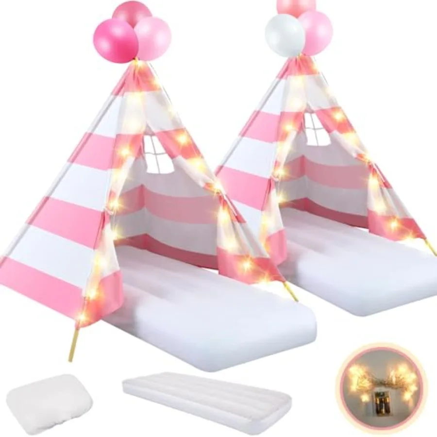 

2 Pack Teepee Tent for Indoor Outdoor Sleepover Slumber Birthday Party, Natural Cotton, Pink and White, Washable with Mattress