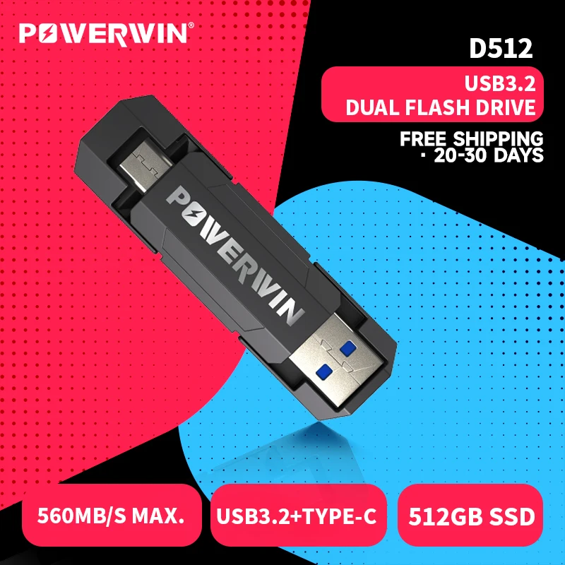 POWERWIN D512 512GB USB 560MB/s Type C+ USB A 3.2 Gen1 2-In-1 SSD Dual Flash Drive for iPhone 15, Android, Tablet, Windows MacOS