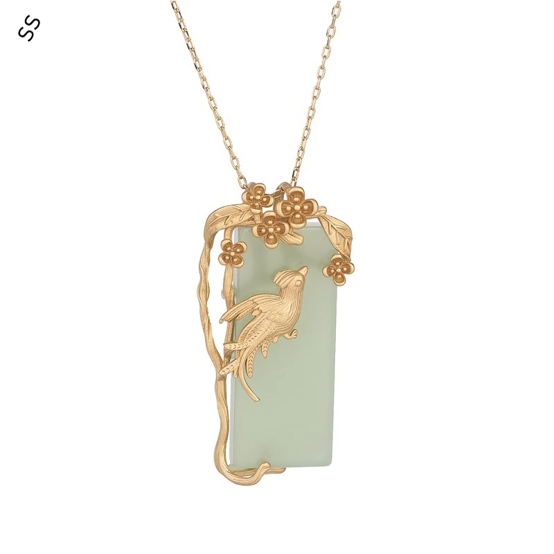 

Chinese Style Design Copper Gold-Plated Xi Que Floral Branch Pendant Necklace - Affordable Quality Faux Hetian Jade Charm