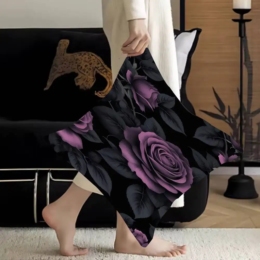 

Dark Purple Roses Pillow Covers Cartoon Sofa Decorative Home Double-sided Printing Short Plush Cute Cushion Cover