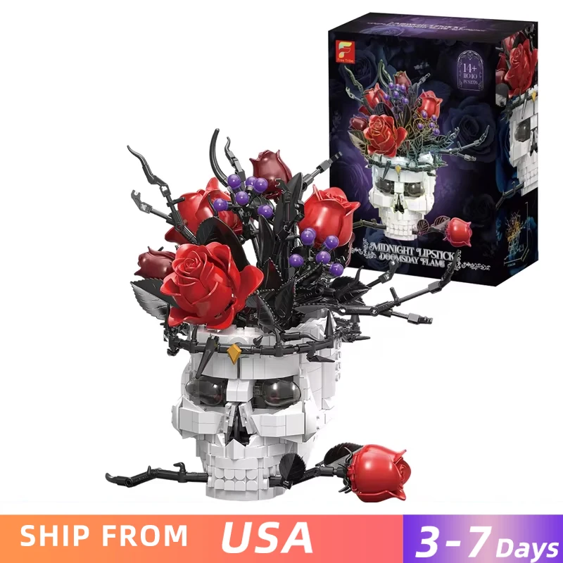 

US Stock 1376PCS Gothic Skull Red Rose Building Blocks Dark Fantasy Flower Pot Model Bricks Set Home Decor Adult Gift Ornament