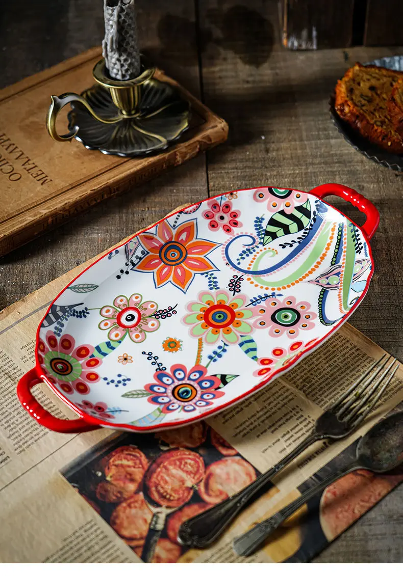Butterfly love flower high temperature underglaze color binaural oval  household ceramic fish dinner plate vegetable  fruit