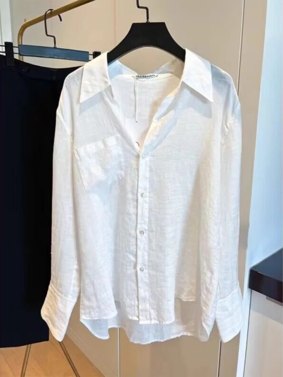 

Белая хлопково-льняная рубашка для женщин, новинка весна-лето, солнцезащитная верхняя одежда, открытый кардиган с длинными рукавами, льняной топ