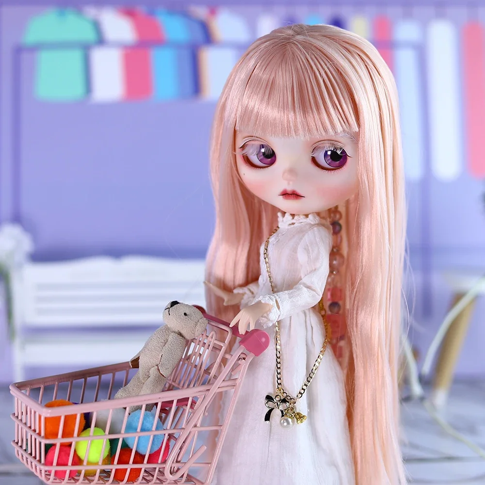 

ICY DBS Blyth Doll Розовые волосы Сонные глаза Яркая кожа Матовое лицо Белое элегантное вечернее платье 30 см Кукла Фестивальный подарок Подарок на день рождения