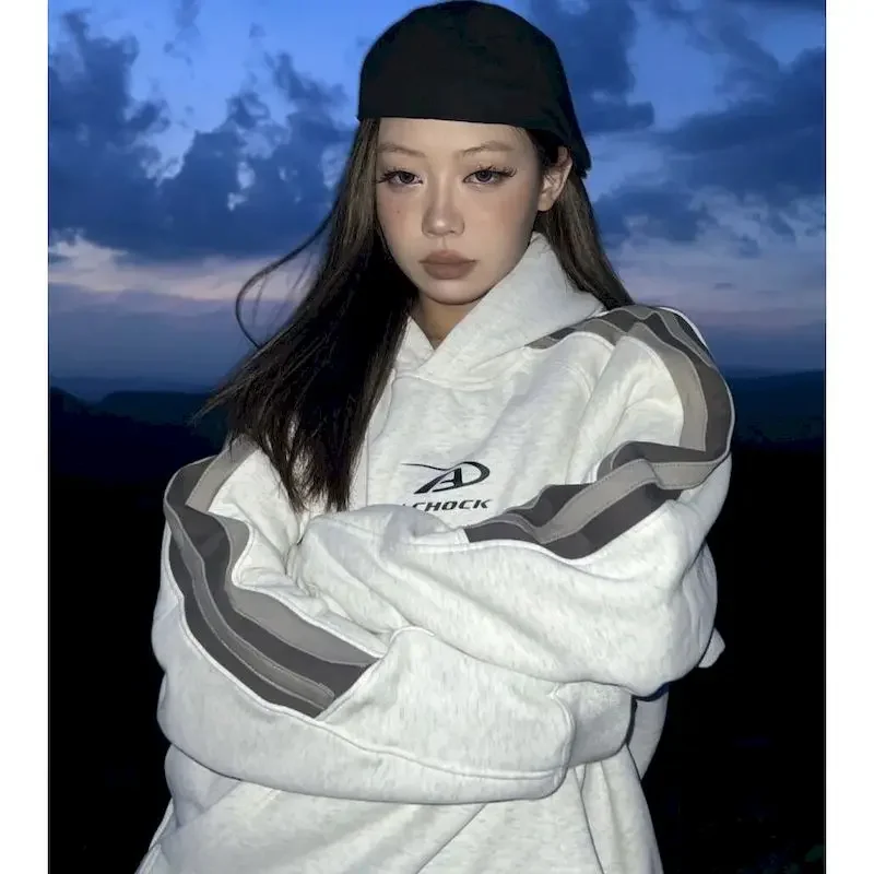 Y2K Streetwear Gray Oversized Hoodies Women Harajuku Vintage Patchwork Hooded Sweatshirts korean Casual Hip Hop Tops Kpop Grunge