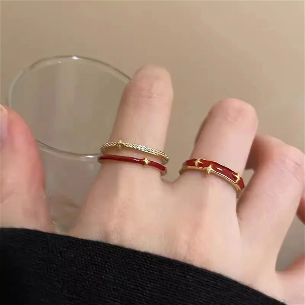 Exquisite Fashion Double Layer Red Four Pointed Star Rings For Women Wedding Luxury Party Jewelry Accessory