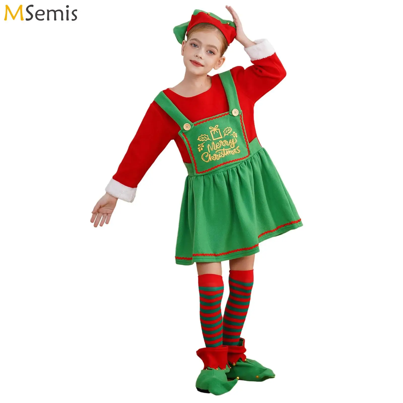 Girls Christmas Santa Claus Costume Elf Cosplay Dress with Hat Shoes + Striped Stockings Set for Family Carnival Party Outfits