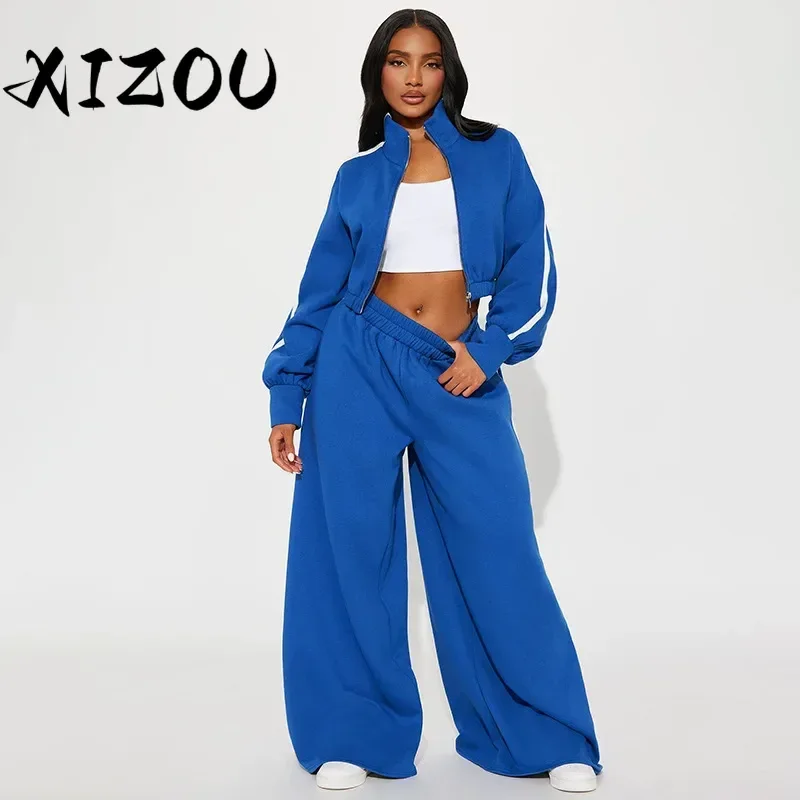 

XIZOU Blue Two Piece Pants Set Sporty Outfit Women Long Sleeve Zipper Jacket Tops + Side Stripe Long Trousers Pant Suit Autumn