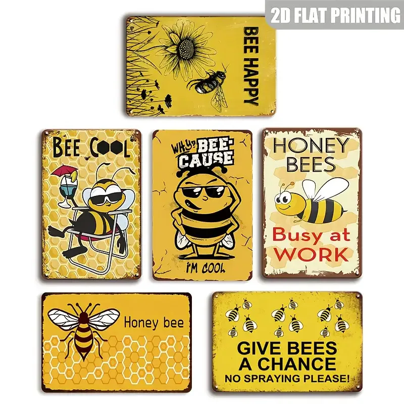 2D Flat, [JIT]Decorative Sign& Plaque 2D Flat, 6pcs Humorous Bee-Themed Metal Yard Art Featuring Messages to Be Kind, Positive,