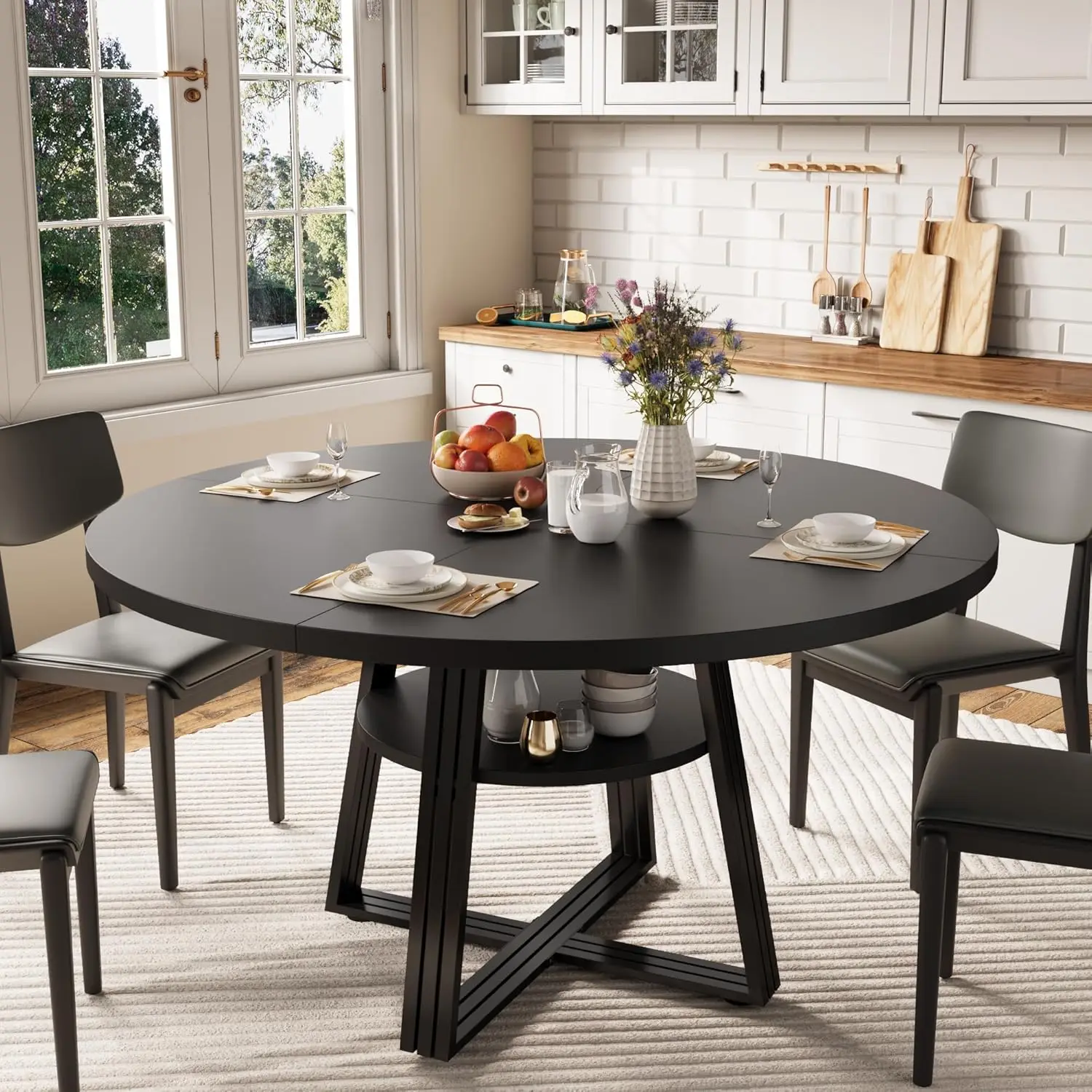 Runder Esstisch, 120 cm, Esstisch für 4 bis 6 Personen, mit Ablageflächen, Stahlgestell, bis 90 kg, moderner Esstisch für kleine Räume, Küche, Wohnung (schwarz)