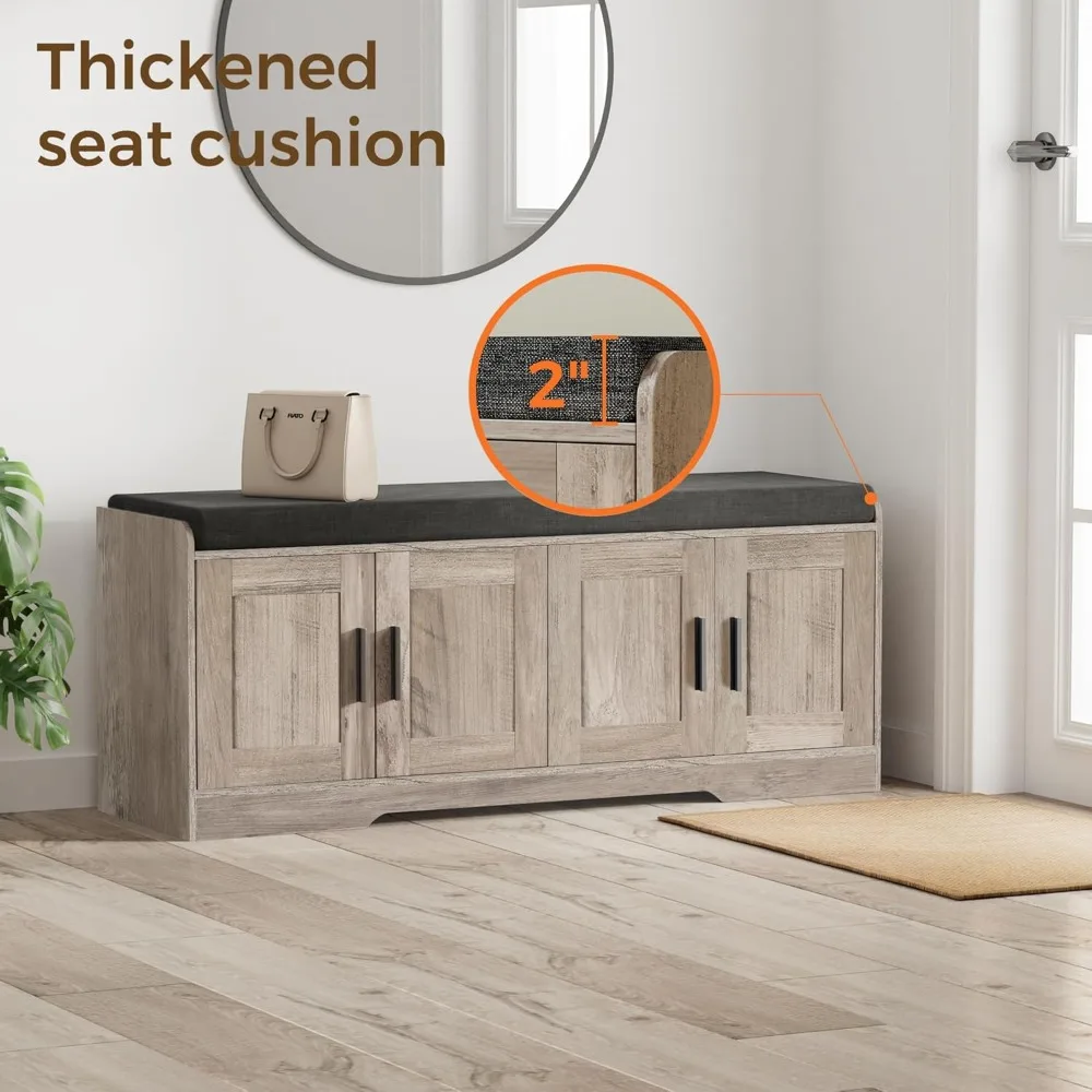 مقعد أحذية للتخزين بطبقة مزدوجة مع وسادة مقعد مبطنة، وخزانة مدخل تتميز بـ 4 أبواب وأرفف قابلة للتعديل، مقاس 13.8 بوصة