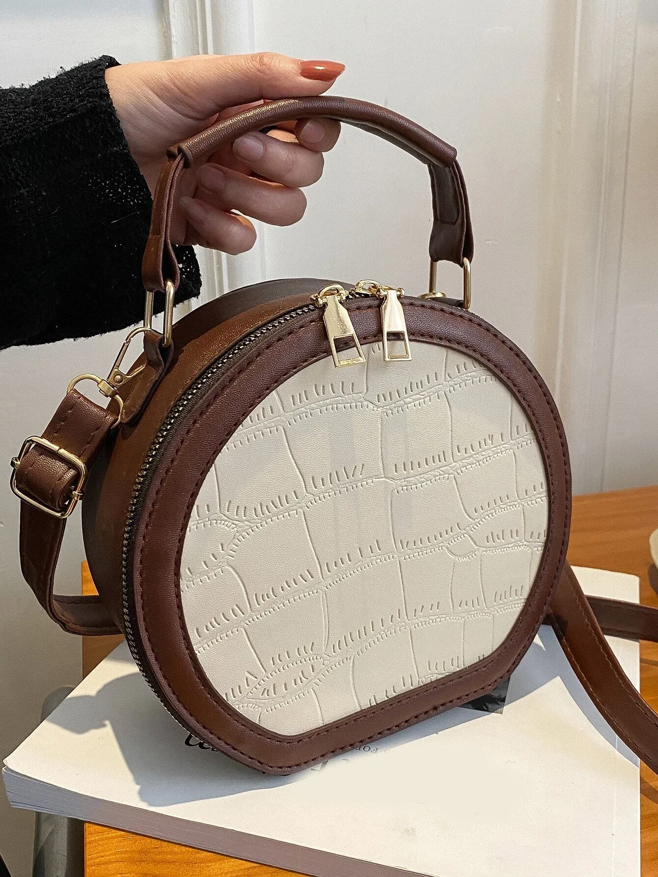 

Mini Two Tone Crocodile Embossed Circle Bag