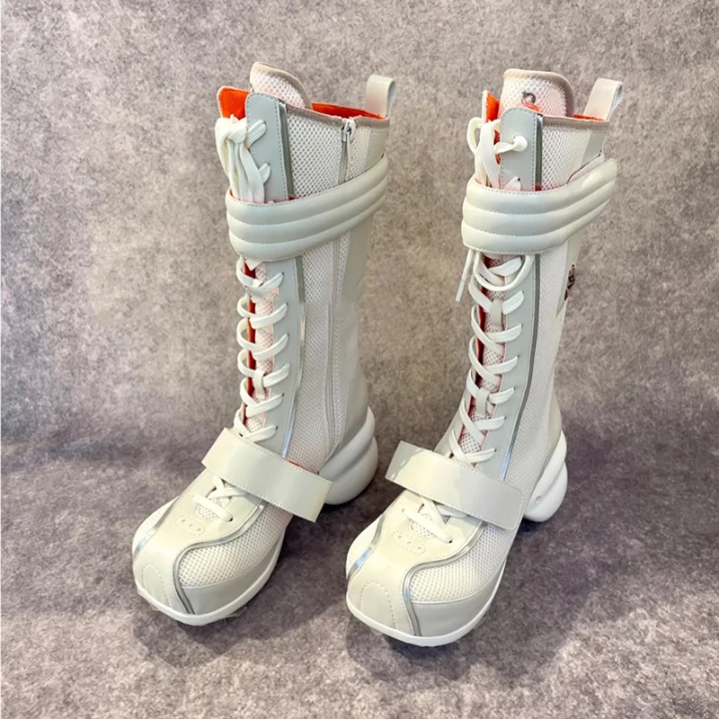 Newest White Retro Buckle Decor Side Zip Knight Boots Women Autumn Sexy Square Toe Lace up Boots Ladies Fashion Knee High Shoes