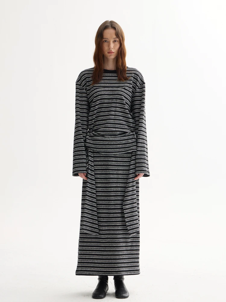 

Furifuri Wool Knitted Stripe Long Sve Midi Skirt Set Casual Sle Fake Two-Piece Ladies' High Waist Cotton Blend Dr