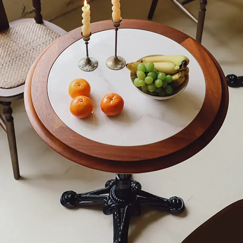 French Medieval Solid Wood Coffee Table with Rock Slab Top American Retro Small Round Dining Table for Restaurant Dessert
