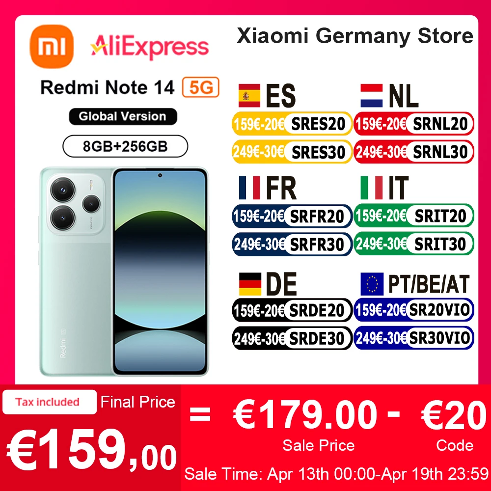 Version mondiale Xiaomi Redmi Note 14 5G Smartphone NFC MTK Dimensity 7025-Ultra 108MP Caméra 5110mAh Batterie 45W Turbo Charge Corning Gorilla Glass 5 120Hz écran de soin des yeux IP64 résistant à la