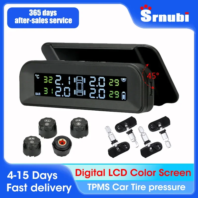 Smart Car TPMS Solar Power Digital LCD Screen Display Wireless 4 tire Monitoring System Auto Security Alarm Tire Pressure Sensor