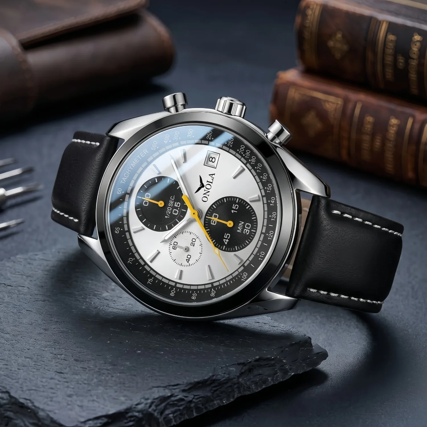 ONOLA 6809 Men Chronometer Watch Alloy Case Black Leather Strap Speedometer Scale Calendar Quartz Business Sports Watche for Men