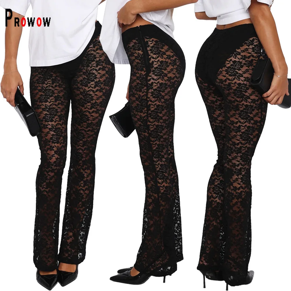 

Prowow Sexy Black Lace Flower Women Pant 2025 New Design Summer Female Trousers Party Nightclub Wear See Through Bottoms