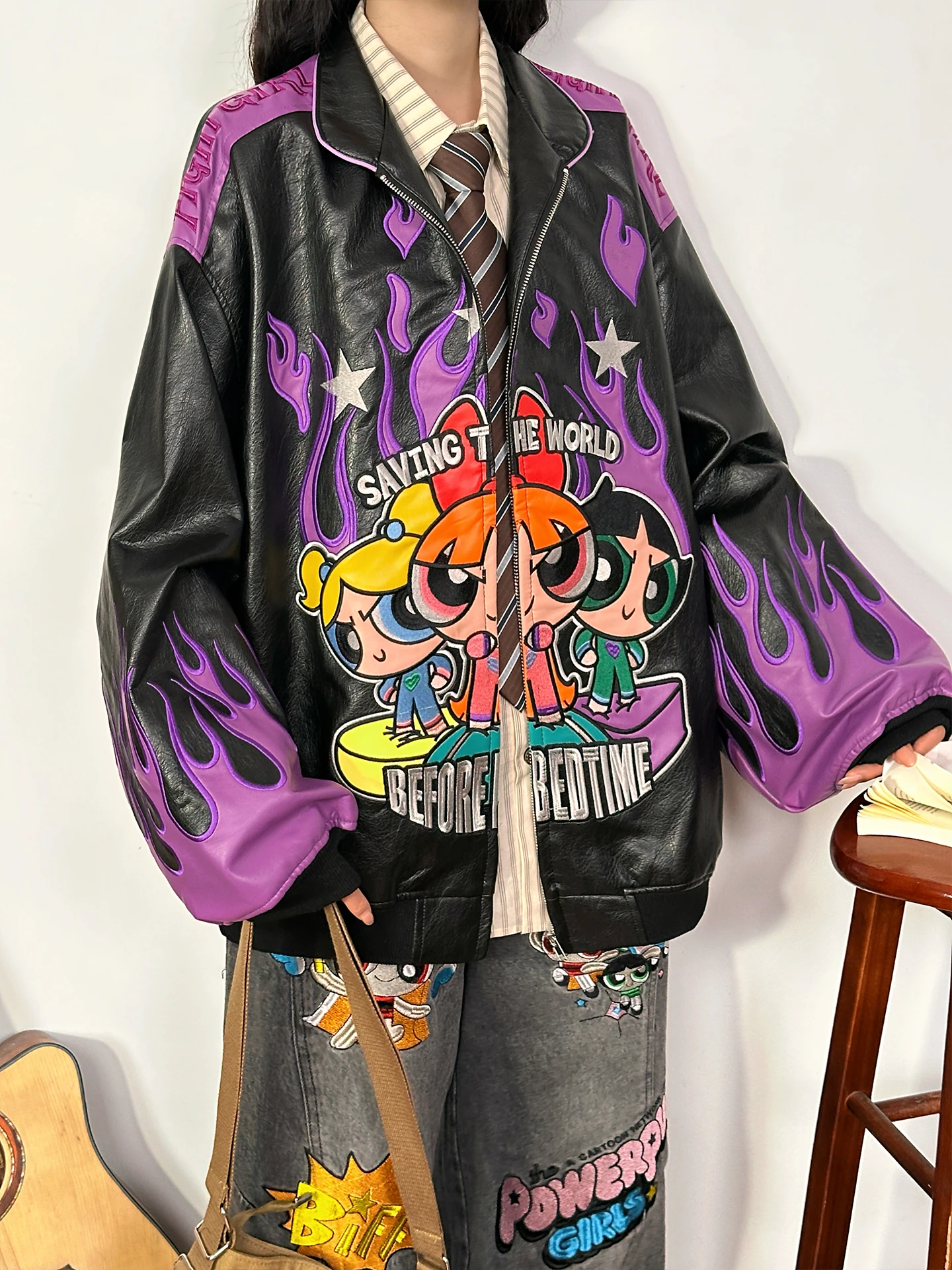 Original American Retro Fire Girl Embroidered Patchwork Leather Jaet Women's Trendy Streetwear Warm Long Sve Zipper Coat