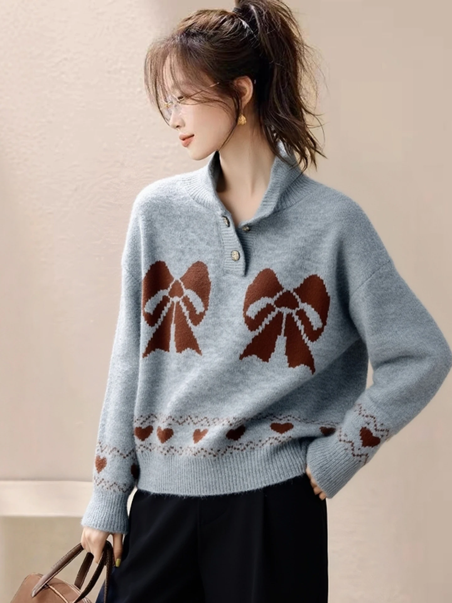 

Вязаный свитер Ele с узором «узелки», женский, свободного кроя, в стиле «ленивый шик», зимний, модный, повседневный, комфортный топ