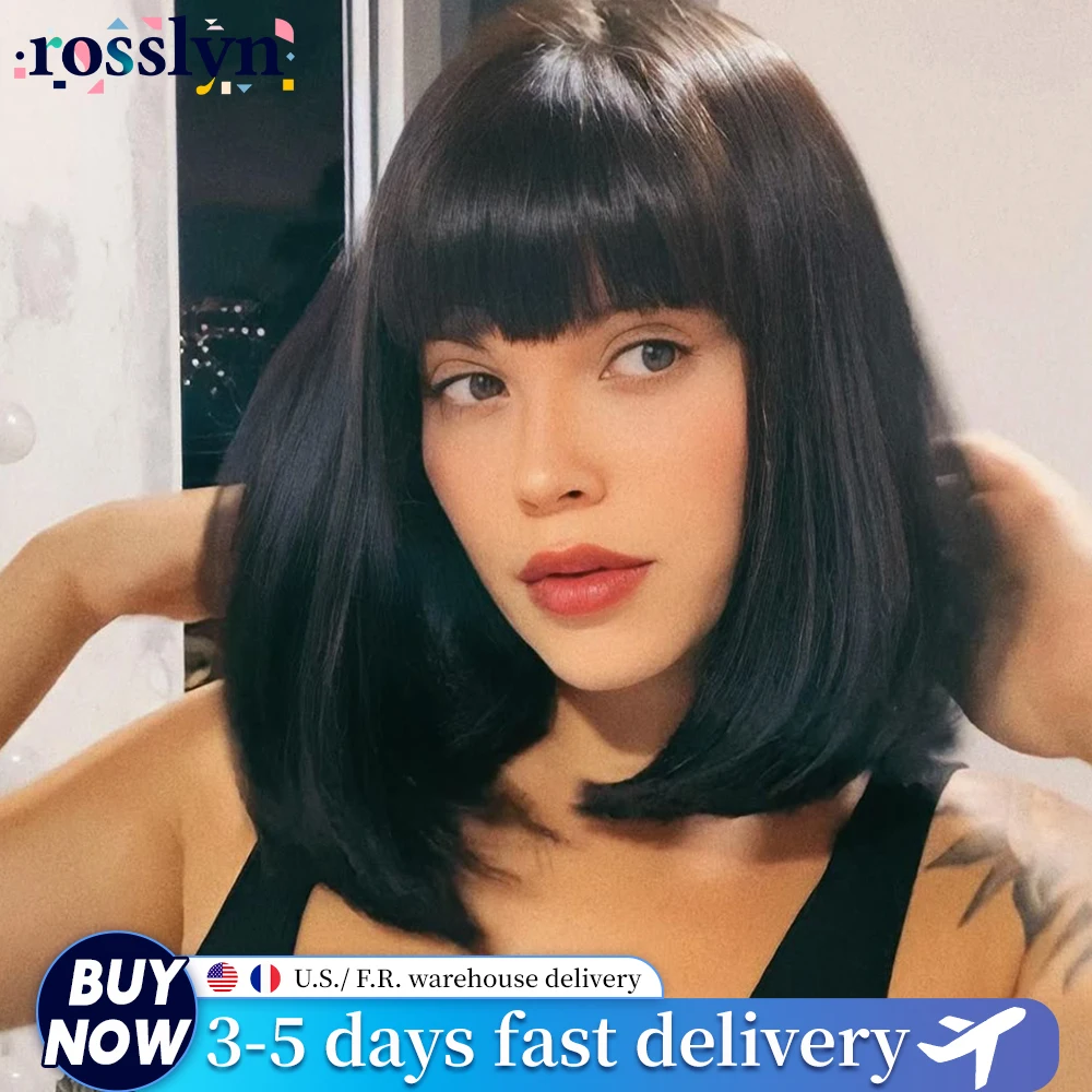 16 Inch Short Bone Straight Human Hair Wigs With Bangs 3x1 Middle Part Lace Wig Brazilian Summer Short Bob Wig 200% Density For Women