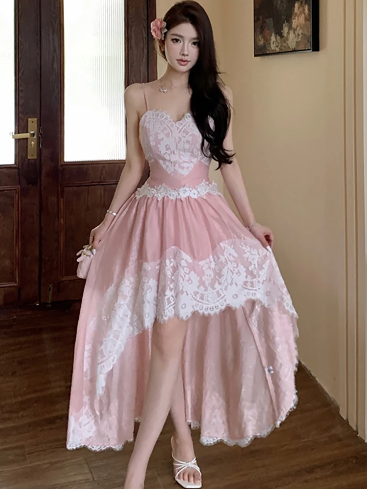 Damen Rosa Mesh-Patchwork Weißes Spitzen-Rüschenkleid Sommer Elegantes Luxus-Trägerkleid 2026 Koreanisches Bodycon Abendkleid Ballkleid