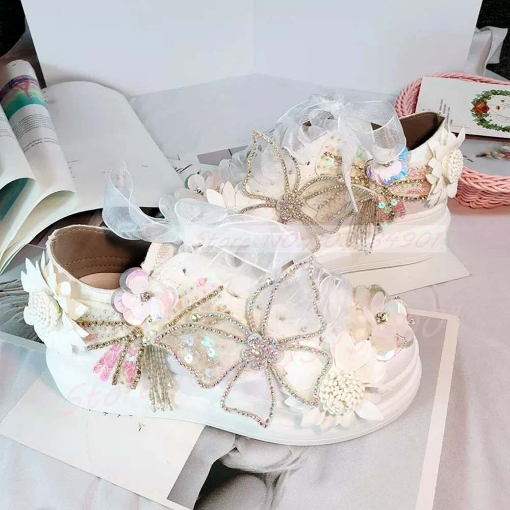Women Butterfly Platform Canvas Sneakers Crystal Flower Sequin Tassel Ribbon Bow Lace‑up Shoes Lovely Lolita Style Casual Shoes