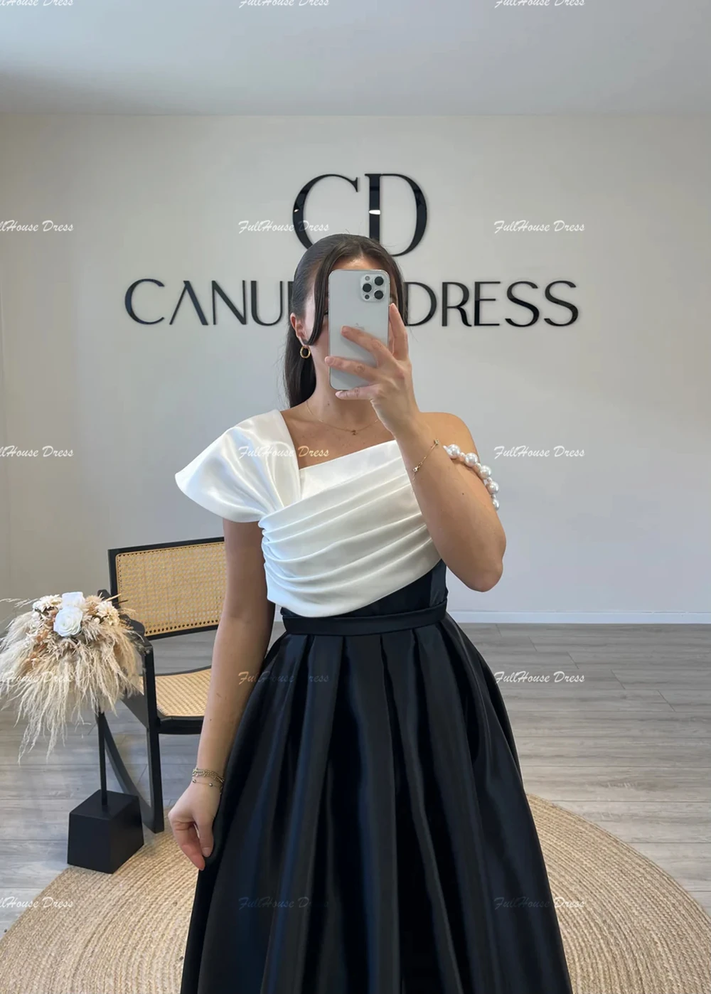 Custom Made Elegant One Shoulder Pleated A-line Floor Length Pearls Evening Dress Backless Party Dress with Court for Women