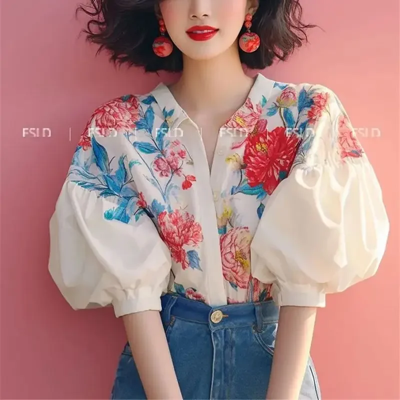 Chemisier à manches bouffantes à imprimé floral pour femmes, chemises d'été élégantes, bouton, mode, grande taille, média, nouveau