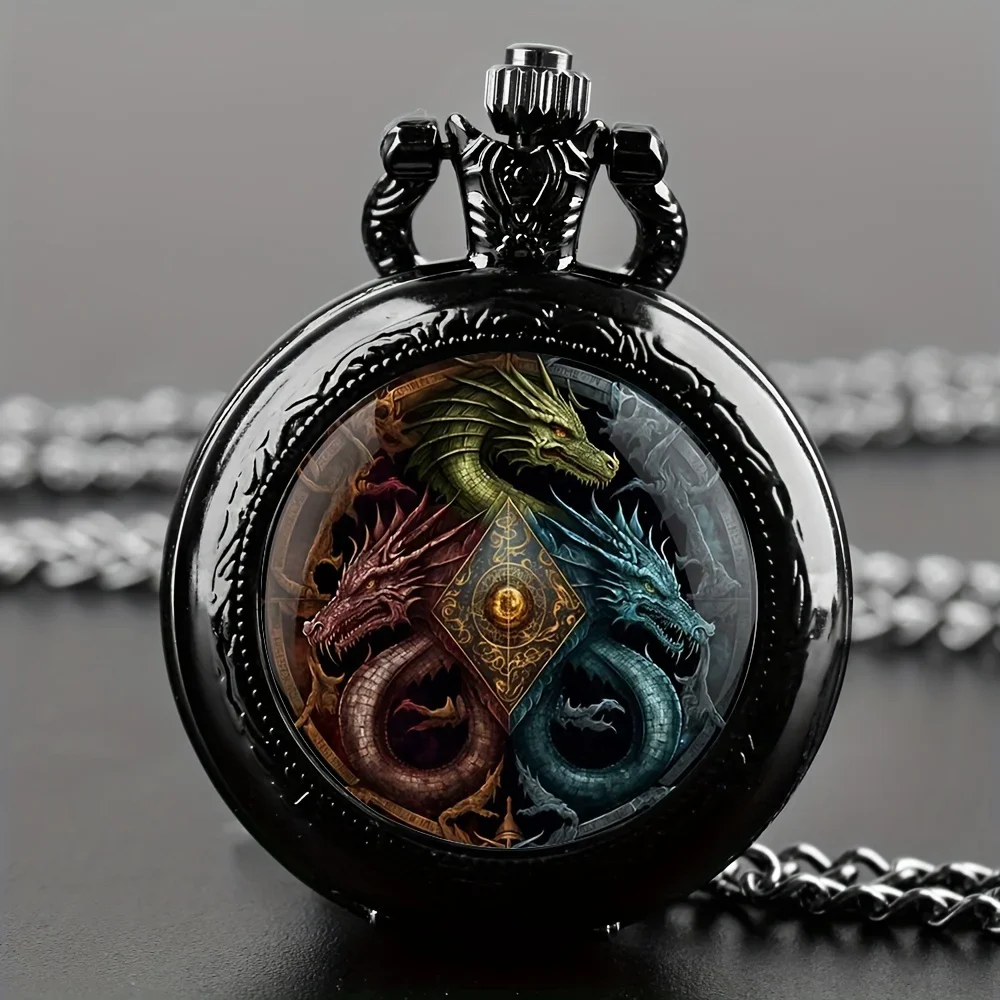 

1pc Retro Dragon Quartz Pocket Watch, Cool Black Necklace Pocket Watch, Unique Pendant Clock Gift