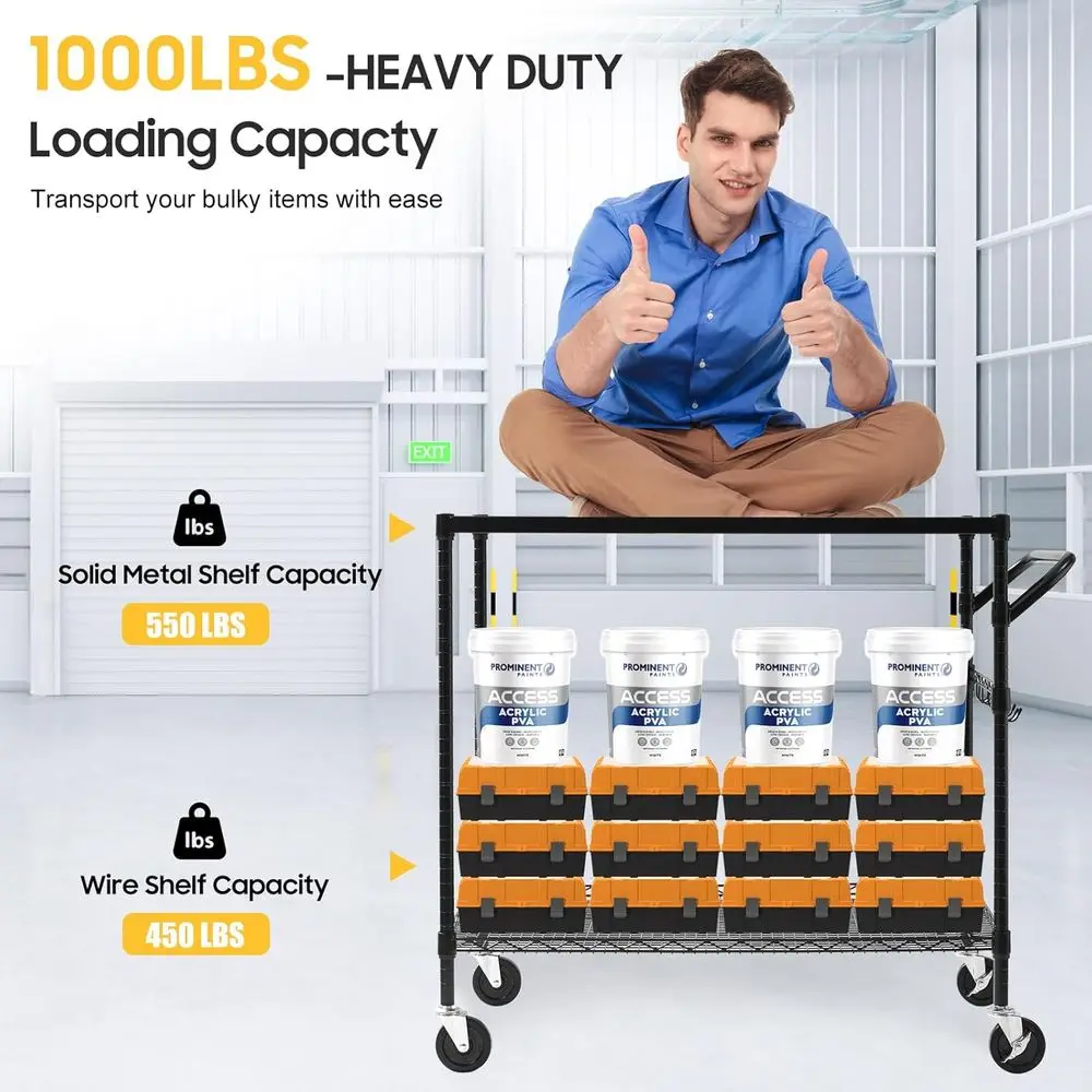 헤비듀티 2단 메탈 카트, 1000파운드 용량, 상업용 이동식 보관함, 24 x 45 x 39, 블랙