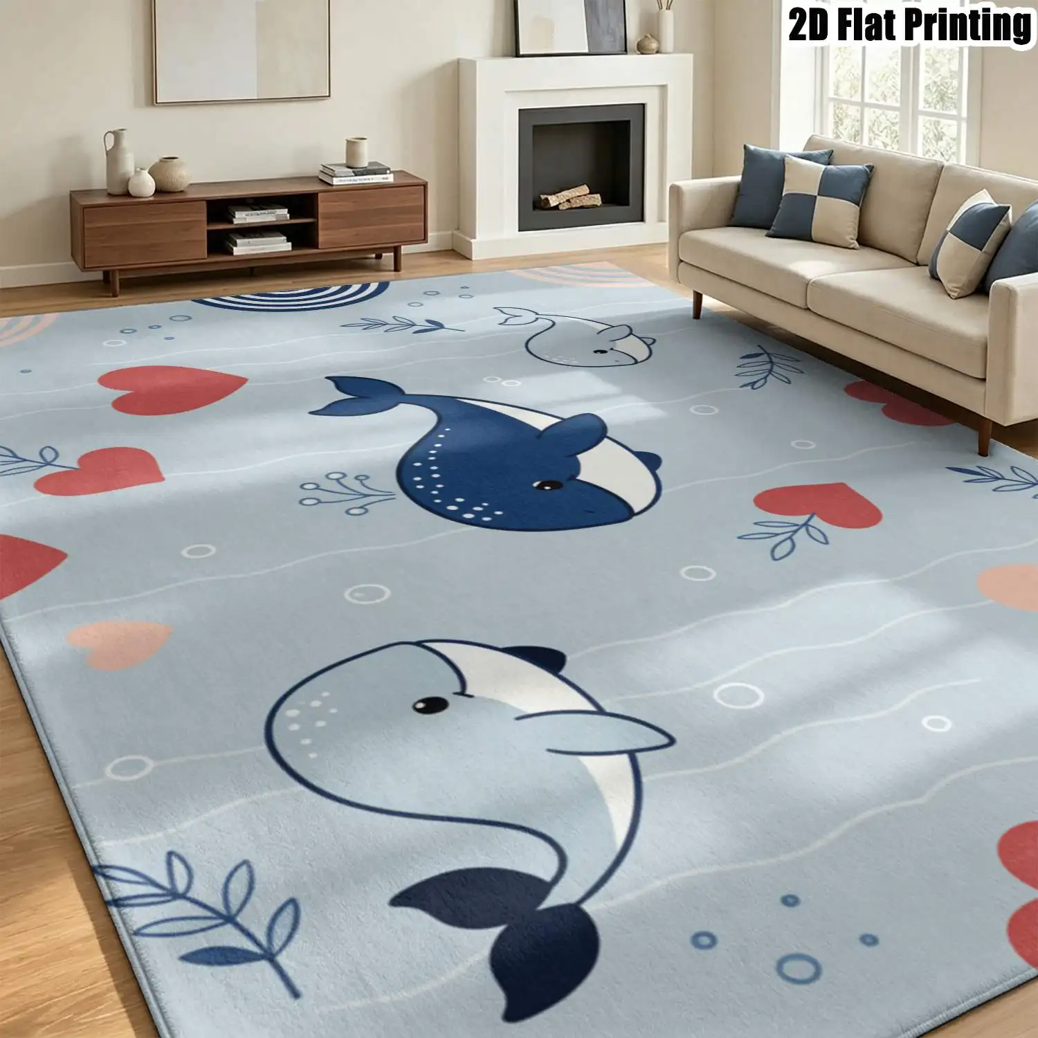 1Pc 2D Printed Carpet: Blue-Grey Heart&Whale, Nordic/Instagram Style, Modern Minimalist, Multi-Size, Machine Washable, Ideal for Home Decor, Multi-Scene Use