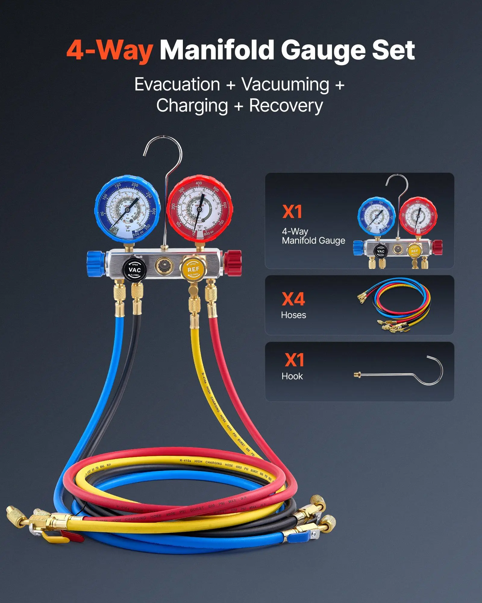 

AC Manifold Gauge Set for R22 R404A R410A R12 Refrigerants, 4 Way AC Gauges with 5 ft Hoses for Automotive & Household Air