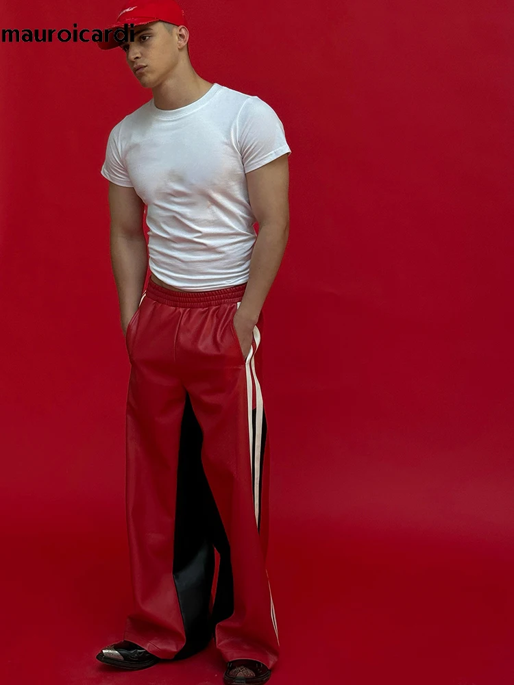 Mauroicardi-Pantalones largos de cuero Pu para hombre, ropa de calle holgada, informal, con bloque de Color, cintura elástica, pierna ancha,