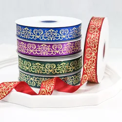 25mm Laser Gold Foil Heart Swirl Figure Printed Single Side Satin Ribbon For Wedding Birthday Party Gift Wrapping Decoration
