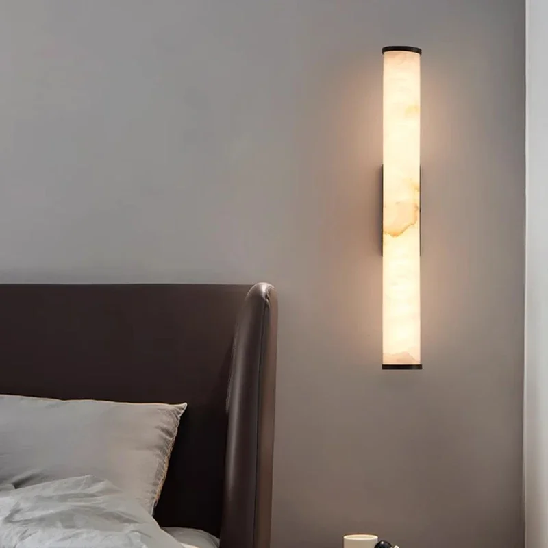 

Natural Marble Wall Light Black Gold Copper Cylindrical Stone Brass Wall Sconces Parlor Bedroom Dining Room Aisle LED Fixtures