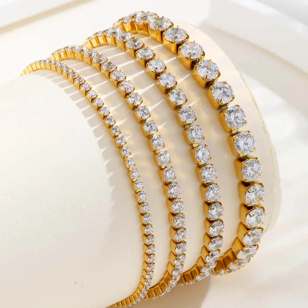 

2mm-5mm Women Tennis Bracelet, Cubic Zirconia Chain Bracelet, Stainlesss Steel 18k Gold Plated Link Wristband Stackable Jewelry