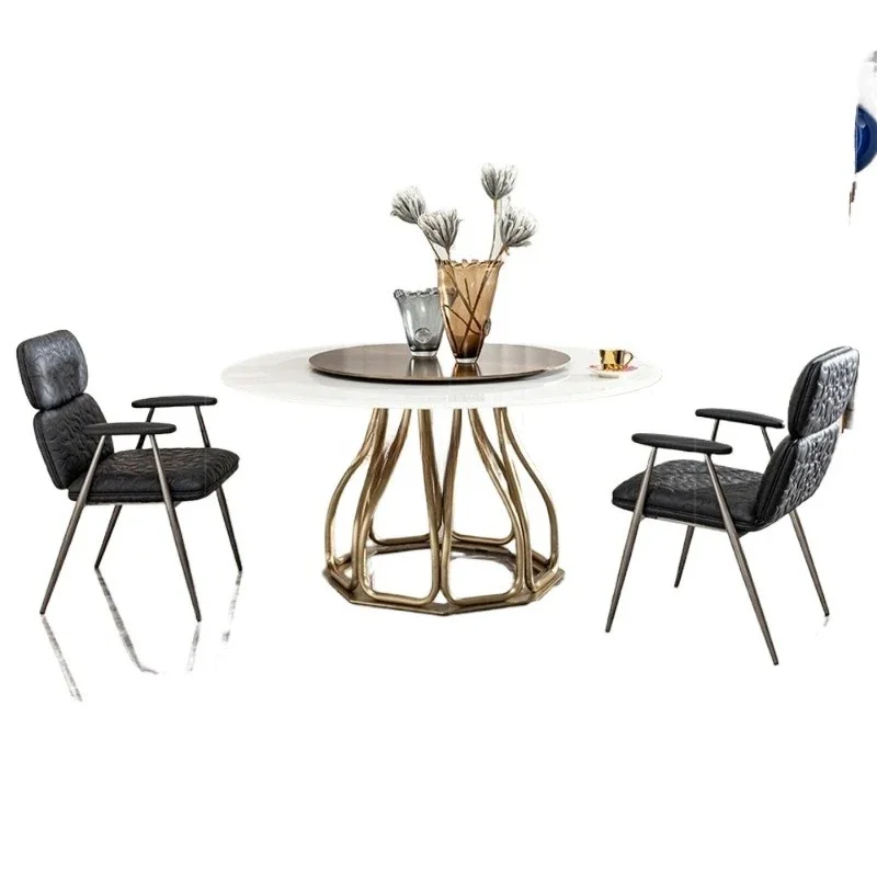 Light luxury marble round dining table, villa, living room, mansion with turntable, high-end round table