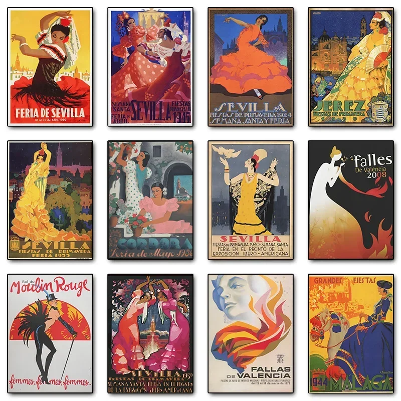 Vintage Bal Au Moulin Rouge Sevilla Feria De Cordoba 1934 Poster Druck Wandkunst Bilder Leinwand Malerei Wohnzimmer Home Decor