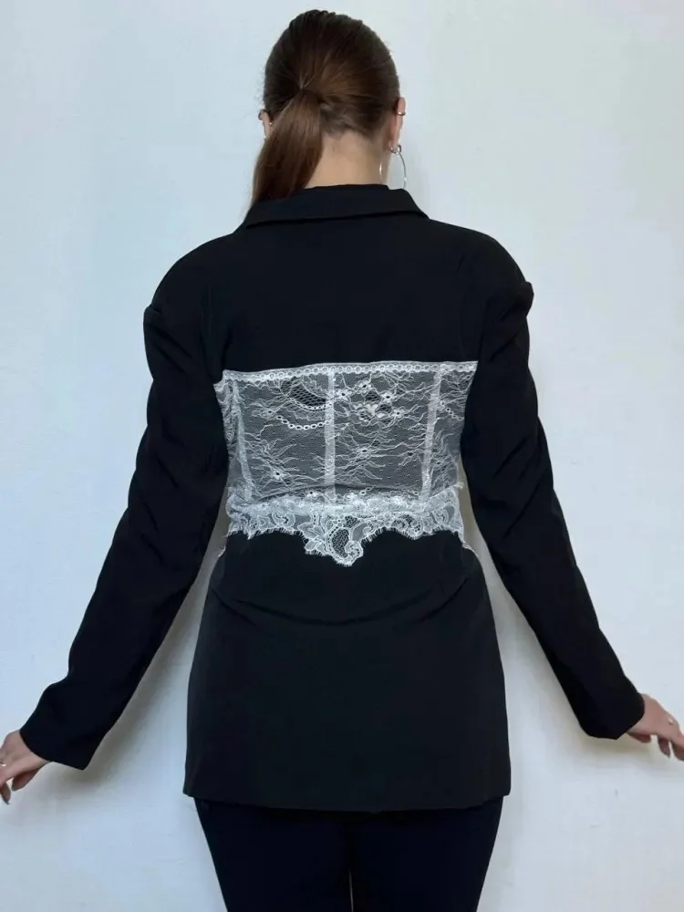 新しいファッショナブルなアウターウェア女性服レースステッチスリムスーツ女性用長袖ハイウエスト西洋風服